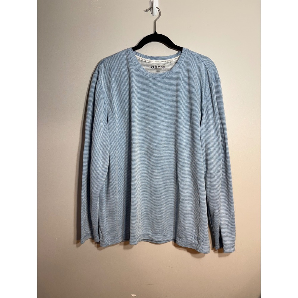 Orvis Classic Collection Mens XL Long‎ Sleeve Micro Stripe Knit Shirt Light Blue
